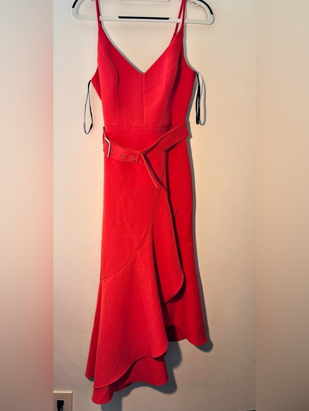 Ever New Red/Deep Coral tone Maxi Dress Ruffled Hem V-neck w belt Size 4